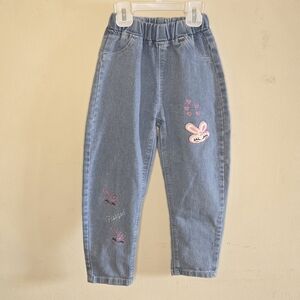 Barrel Leg Jeans Toddler Girls Size 4-5Y Blue Embroidered Elastic Waist Cute